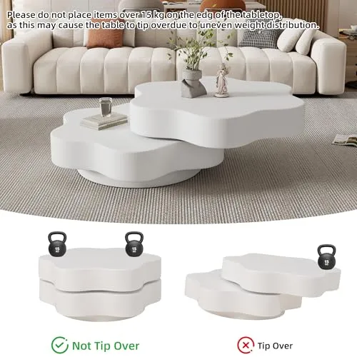 OOIILLEE Table Basse Rotative Design Fleur avec Plateau Tournant 360° - Table de Salon Double Étage à 2 Plateaux - Blanc Crème en MDF, Support jusqu'à 30 kg (74,8 x 67,5 x 31 cm)