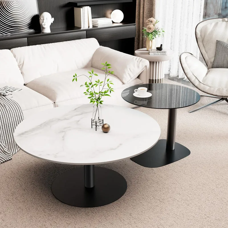 FATIVO Lot de 2 Tables Basses Gigognes: Table Basse Ronde de Salon Design Table à Café Moderne en Pierre Frittée Blanche avec Petite Table Basse en Verre Grise - 80x38.5cm + 50x45cm