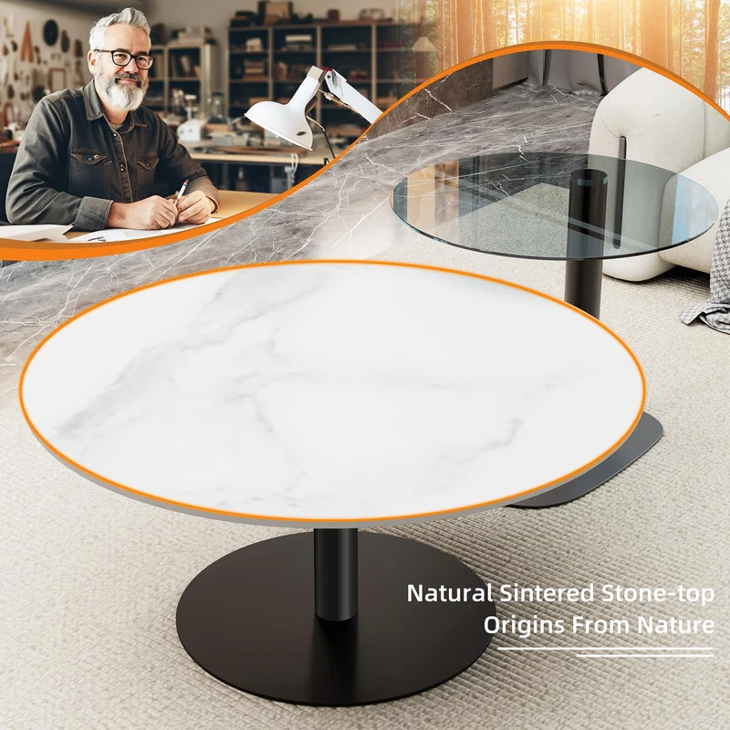 FATIVO Lot de 2 Tables Basses Gigognes: Table Basse Ronde de Salon Design Table à Café Moderne en Pierre Frittée Blanche avec Petite Table Basse en Verre Grise - 80x38.5cm + 50x45cm