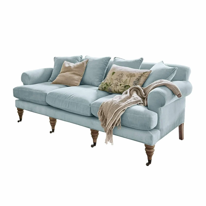 Loberon Canapé Kazimir, rembourrage de qualité, pieds tournés à la main, avec quatre coussins, meubles d'assise, bois de manguier, velours de coton, fibres de polyester, bleu