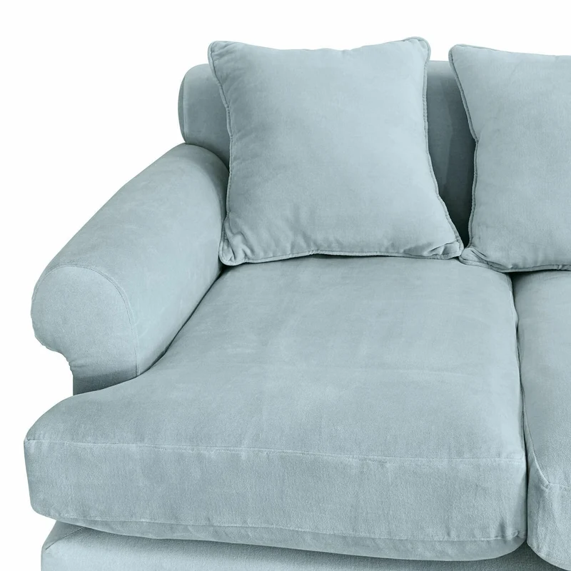 Loberon Canapé Kazimir, rembourrage de qualité, pieds tournés à la main, avec quatre coussins, meubles d'assise, bois de manguier, velours de coton, fibres de polyester, bleu