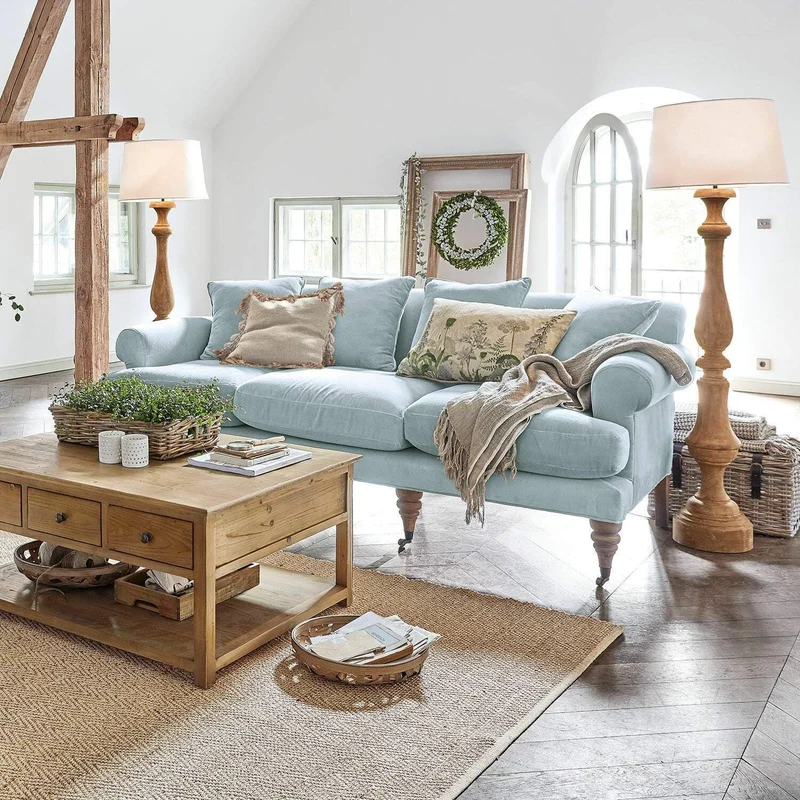 Loberon Canapé Kazimir, rembourrage de qualité, pieds tournés à la main, avec quatre coussins, meubles d'assise, bois de manguier, velours de coton, fibres de polyester, bleu