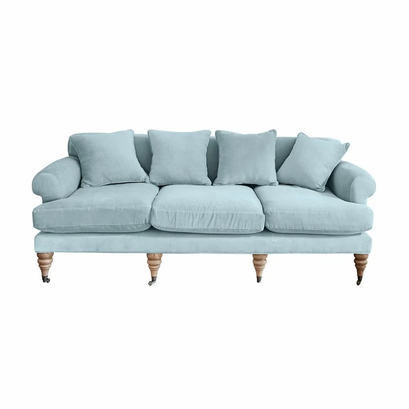 Loberon Canapé Kazimir, rembourrage de qualité, pieds tournés à la main, avec quatre coussins, meubles d'assise, bois de manguier, velours de coton, fibres de polyester, bleu