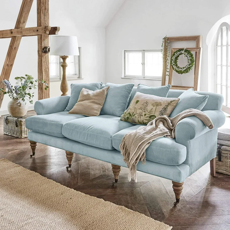 Loberon Canapé Kazimir, rembourrage de qualité, pieds tournés à la main, avec quatre coussins, meubles d'assise, bois de manguier, velours de coton, fibres de polyester, bleu