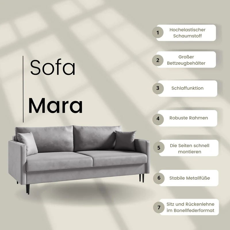 LIKMA Canapé 3 Places Mara 209 cm avec Fonction Lit et Coffre de Rangement, Canapé-Lit en Velours Moutarde Fresh 37, Sofa Convertible Moderne, Couchage d'Appoint, Banquette