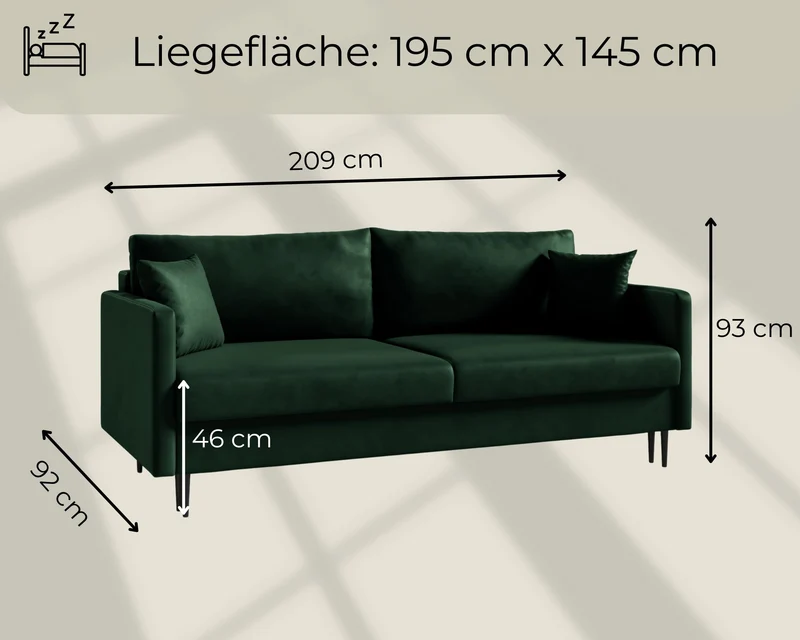 LIKMA Canapé 3 Places Mara 209 cm avec Fonction Lit et Coffre de Rangement, Canapé-Lit en Velours Moutarde Fresh 37, Sofa Convertible Moderne, Couchage d'Appoint, Banquette