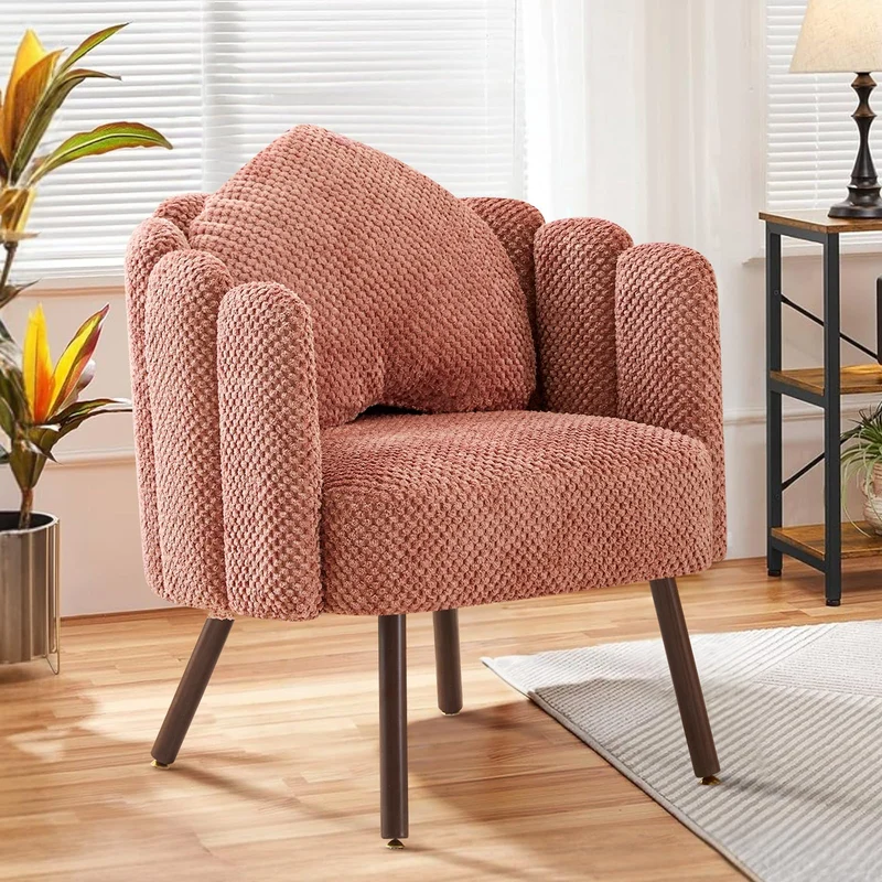 Ckaff Fauteuil de Salon avec Coussin, Fauteuil Coiffeuse avec Dossier Pétale, Chaise Coquillage avec Pied Bois Chaise Coiffeuse Coussin Confortable pour Salon Bureau Chambre (Rose, Lot de 1)