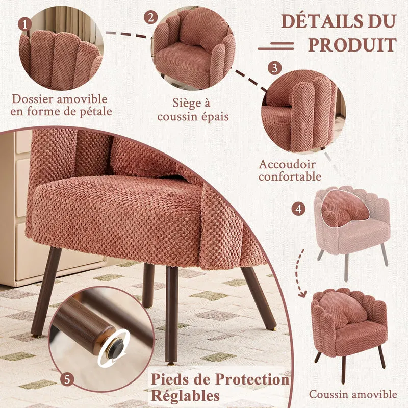 Ckaff Fauteuil de Salon avec Coussin, Fauteuil Coiffeuse avec Dossier Pétale, Chaise Coquillage avec Pied Bois Chaise Coiffeuse Coussin Confortable pour Salon Bureau Chambre (Rose, Lot de 1)