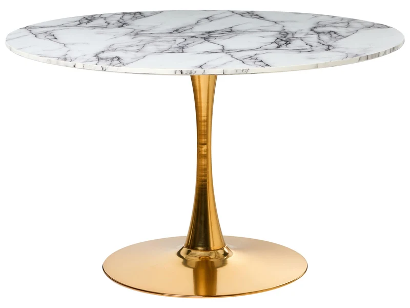 Table de Cuisine Ronde Minimaliste ø 120 cm Base en Métal Plateau MDF Effet Marbre Blanc Boca