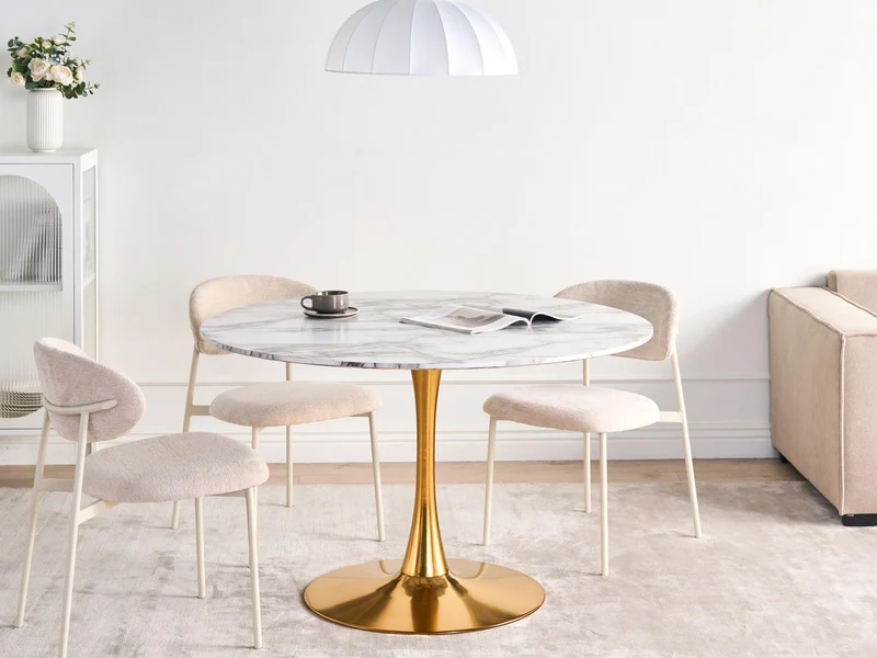 Table de Cuisine Ronde Minimaliste ø 120 cm Base en Métal Plateau MDF Effet Marbre Blanc Boca