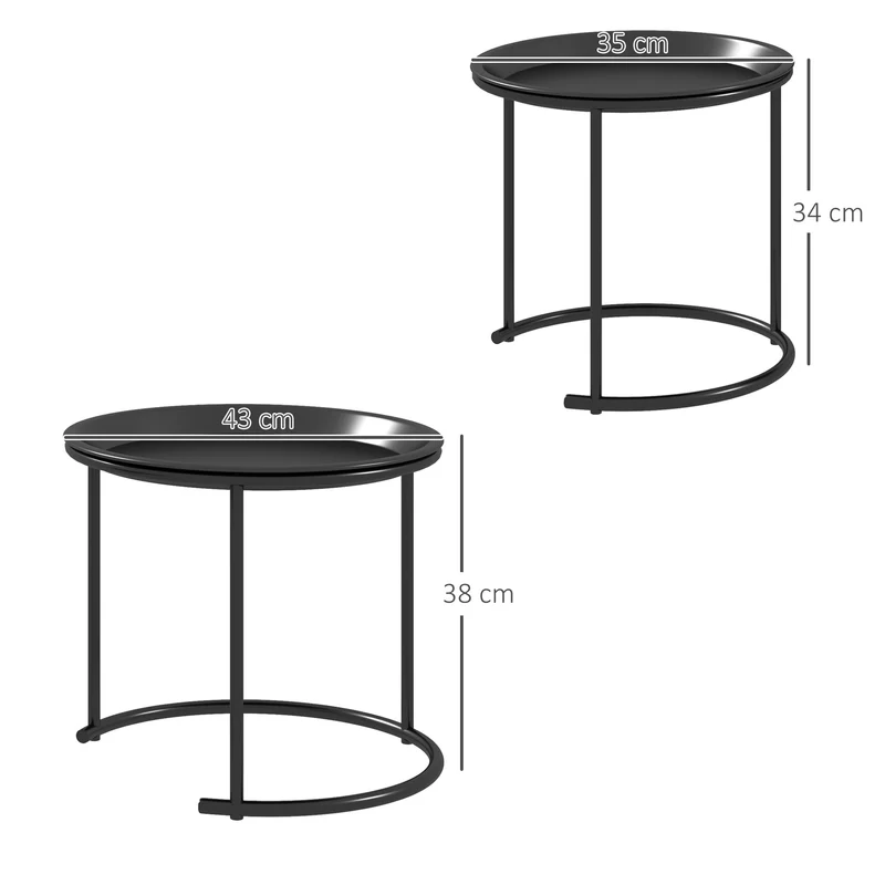 HOMCOM Lot de 2 Tables Basses Rondes gigognes Table de Salon Cadre en Acier Plateaux Amovibles Table d'appoint Style Industriel Ø 43 et Ø 35 cm Noir