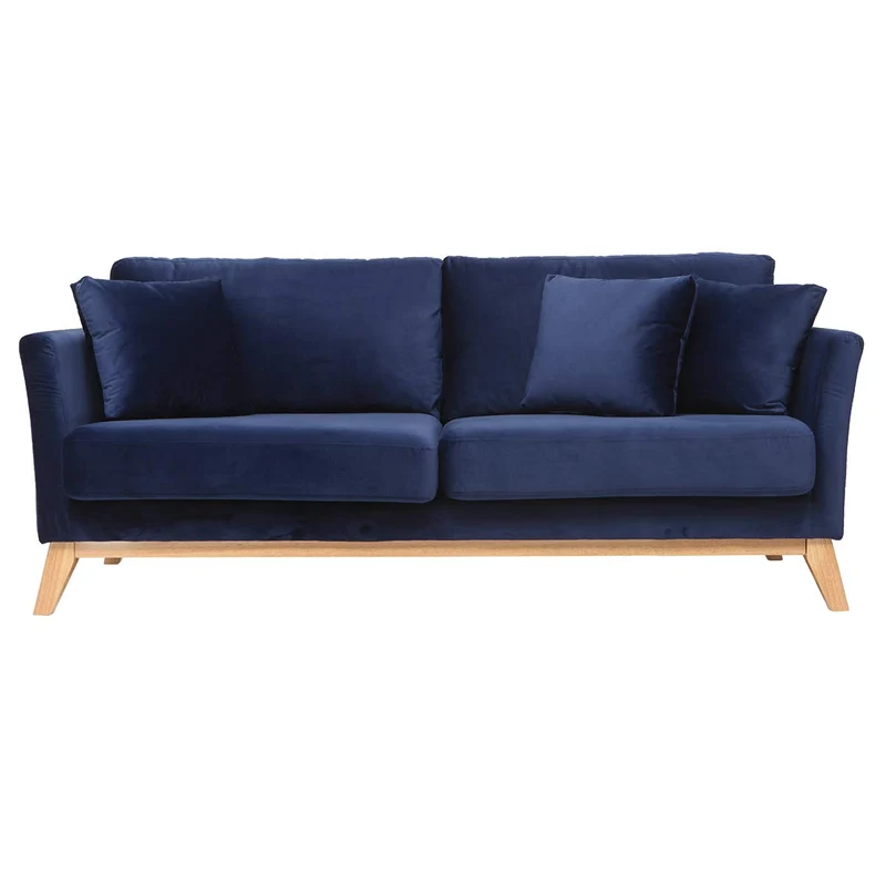 Miliboo Canapé scandinave déhoussable 3 Places en Tissu Velours Bleu Nuit et Bois Clair Oslo