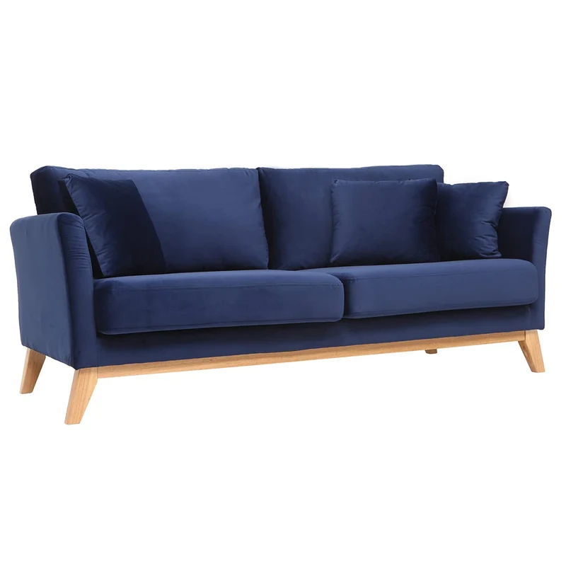Miliboo Canapé scandinave déhoussable 3 Places en Tissu Velours Bleu Nuit et Bois Clair Oslo