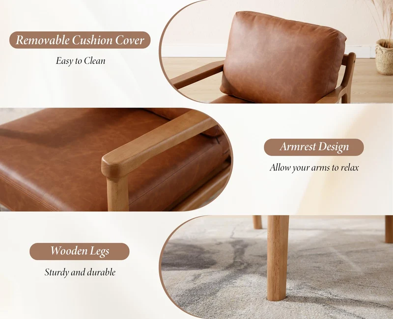 Ya-Home Fauteuils de Salon Rétro avec Accoudoir Fauteuil Chambre en Cuir PU avec Pied en Bois, Fauteuil Confortable pour Salon, Marron