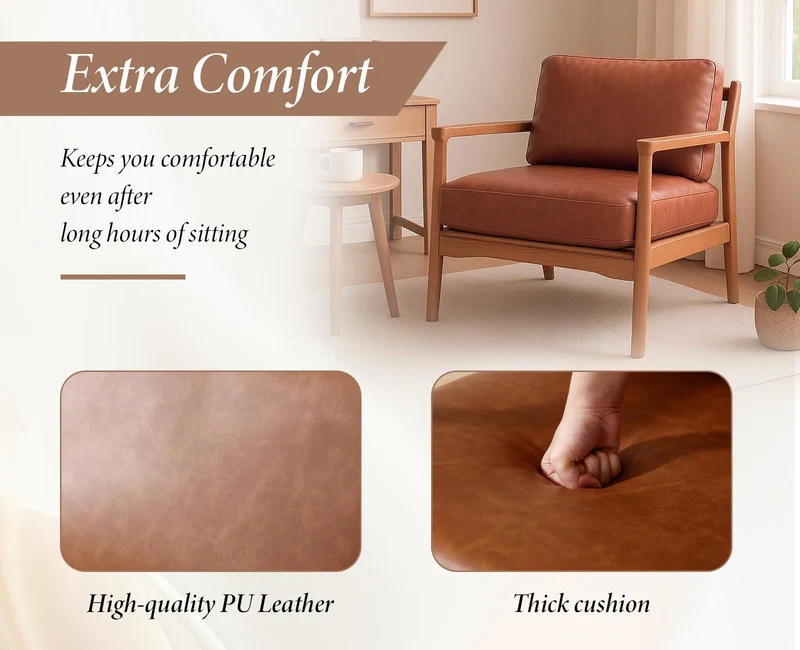 Ya-Home Fauteuils de Salon Rétro avec Accoudoir Fauteuil Chambre en Cuir PU avec Pied en Bois, Fauteuil Confortable pour Salon, Marron