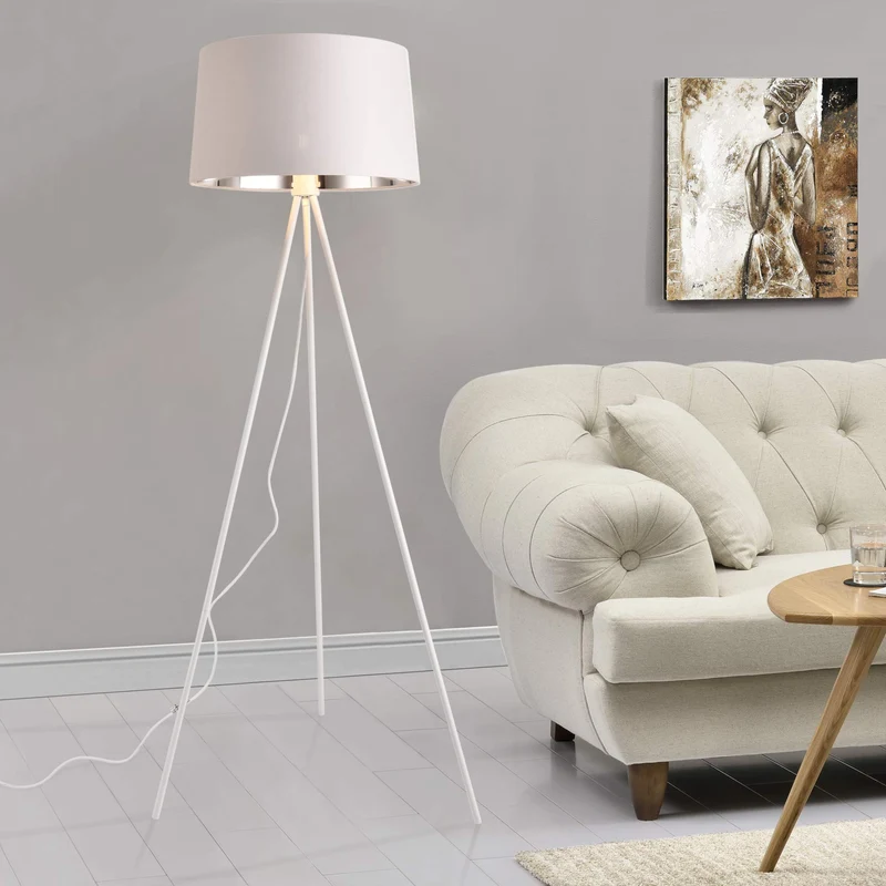Lampadaire Trépied Moderne Stylé Lampe sur Pied Design E27 Métal Textile Hauteur 150 cm Blanc Argenté