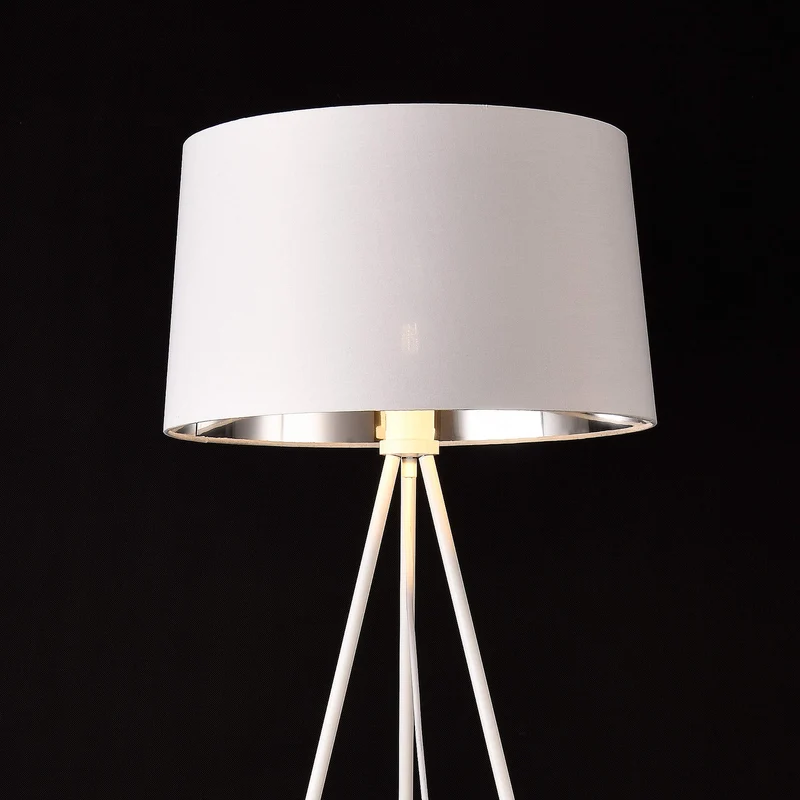 Lampadaire Trépied Moderne Stylé Lampe sur Pied Design E27 Métal Textile Hauteur 150 cm Blanc Argenté