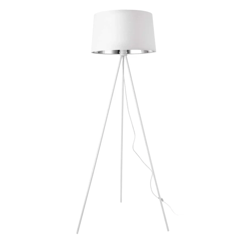 Lampadaire Trépied Moderne Stylé Lampe sur Pied Design E27 Métal Textile Hauteur 150 cm Blanc Argenté