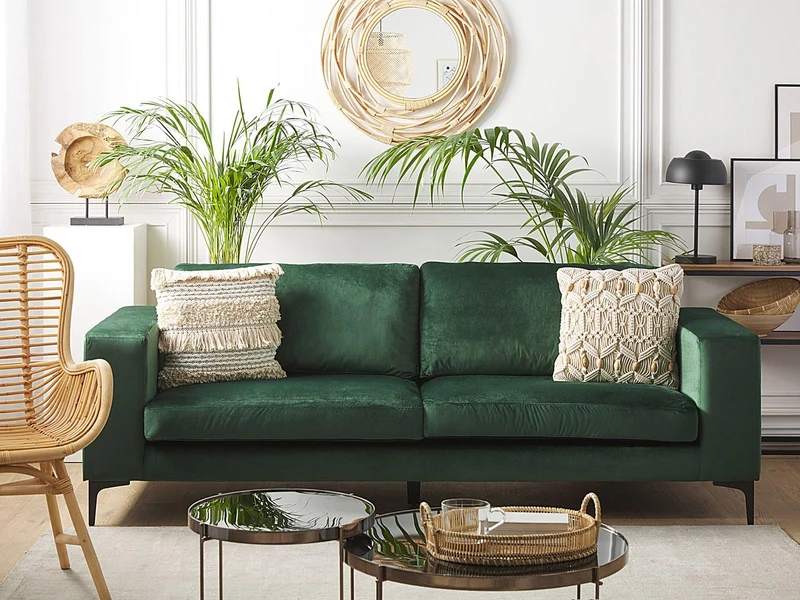 Beliani Canapé Fixe 3 Places Revêtu en Velours Vert de Qualité Un Design Tendance Idéal pour Salon Vintage Rétro et Glamour