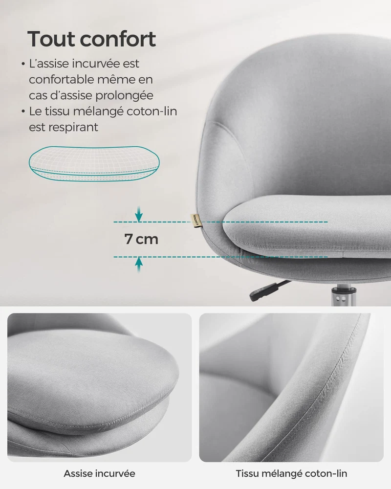 SONGMICS Chaise de Bureau, Fauteuil Pivotant en Tissu Coton-Lin, Siège Confort, Rembourrage en Mousse, Réglable en Hauteur, pour Bureau, Chambre, Gris Tourterelle OBG020G01