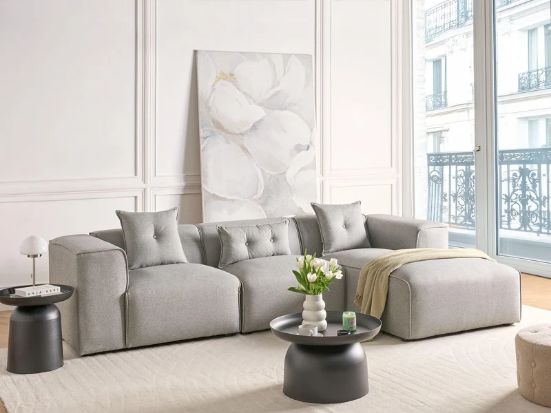 Canapé d'Angle Côté Gauche 3 Places avec Coussins Rembourré en Tissu Gris Clair Dolva