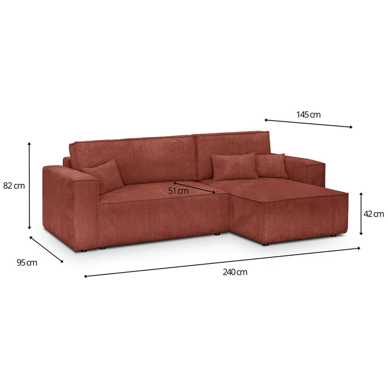 HOMIFAB Canapé d'angle Convertible réversible 4 Places avec Coffre de Rangement en Velours côtelé Rouille - Livia, 240 x 101/154 x 84 cm