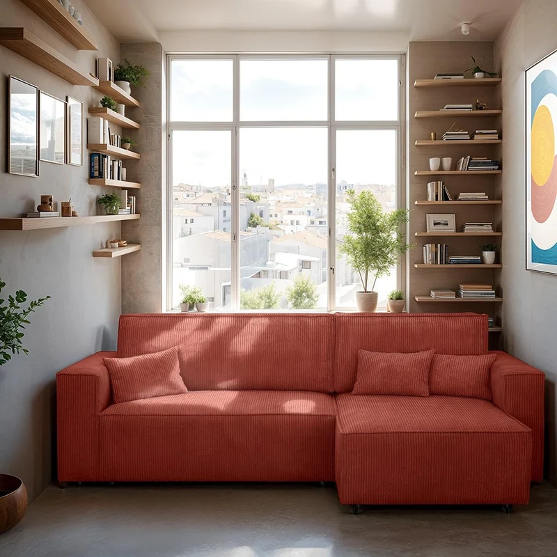 HOMIFAB Canapé d'angle Convertible réversible 4 Places avec Coffre de Rangement en Velours côtelé Rouille - Livia, 240 x 101/154 x 84 cm