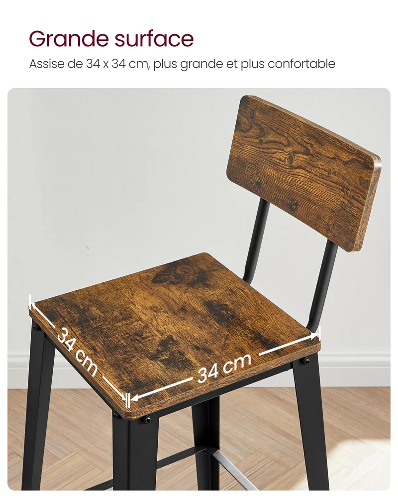 VASAGLE Tabouret Bar Industriel, Lot de 2, Chaise Bar Cuisine, avec Dossier, Cadre en Acier, Montage Facile, Style Industriel, Marron Rustique et Noir d'encre LBC078B01