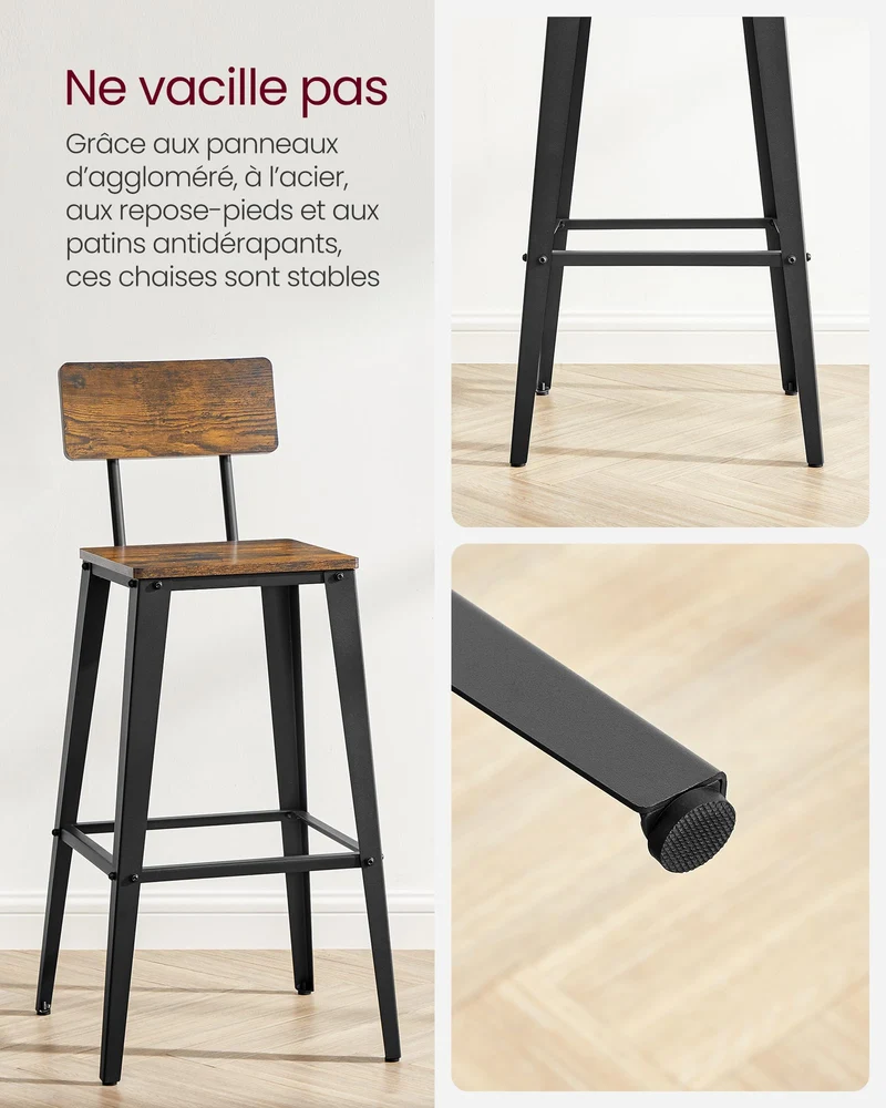 VASAGLE Tabouret Bar Industriel, Lot de 2, Chaise Bar Cuisine, avec Dossier, Cadre en Acier, Montage Facile, Style Industriel, Marron Rustique et Noir d'encre LBC078B01