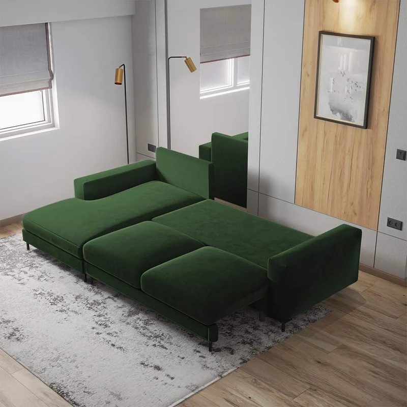 Selsey Mokpeo Canapé d'angle Convertible avec Coffre et Pieds Noirs 244 cm de Large (revêtement Velours Vert Bouteille, méridienne à Gauche)