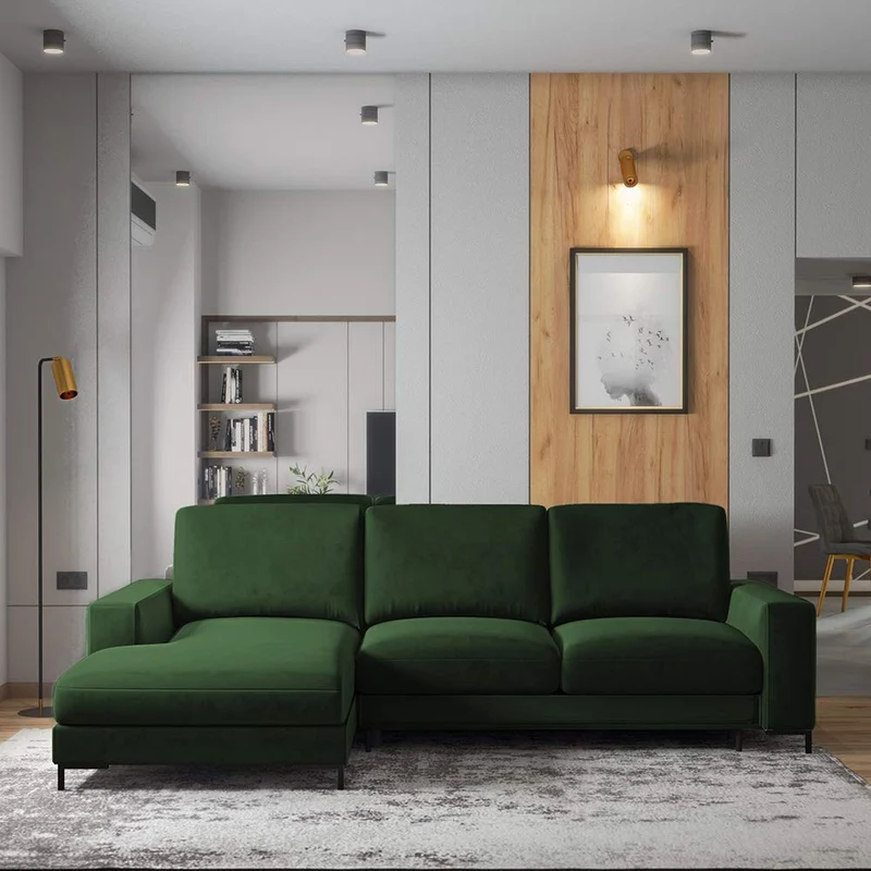 Selsey Mokpeo Canapé d'angle Convertible avec Coffre et Pieds Noirs 244 cm de Large (revêtement Velours Vert Bouteille, méridienne à Gauche)