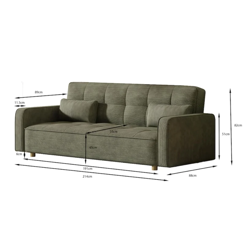 CONCEPT USINE | Canapé Scandinave Convertible 3 Places Velours Côtelé | COPENHAGUE Vert | Canapé Droit Modulable Moderne avec Accoudoirs + 2 Coussins | Dossier & Assise Déhoussables | Largeur 213 cm