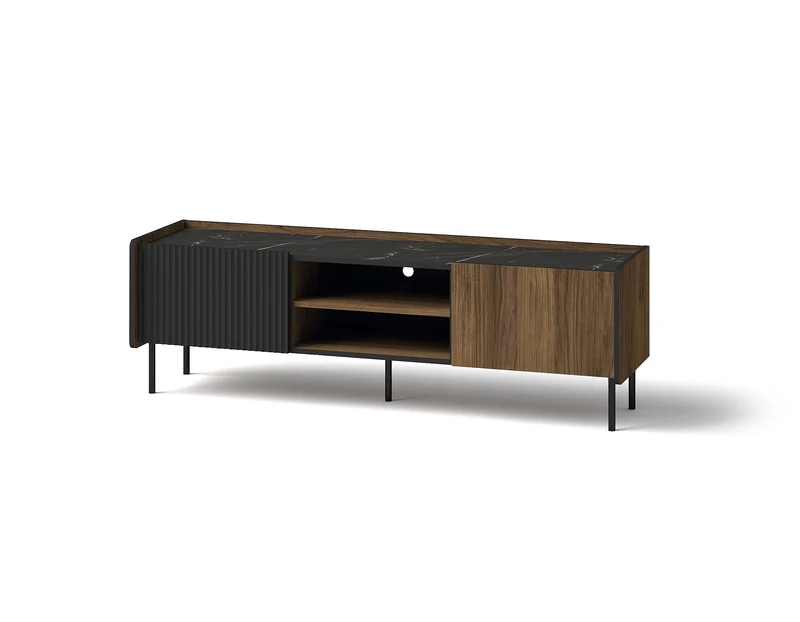 MINIO go for it - Meuble TV 150 cm, Table Television Salon, Meuble Télé, Banc TV Pereto 7, Meuble de Television avec Rangement, Meuble Tele- Noyer Warmia/San Sebastian/Noir Mat Couleur