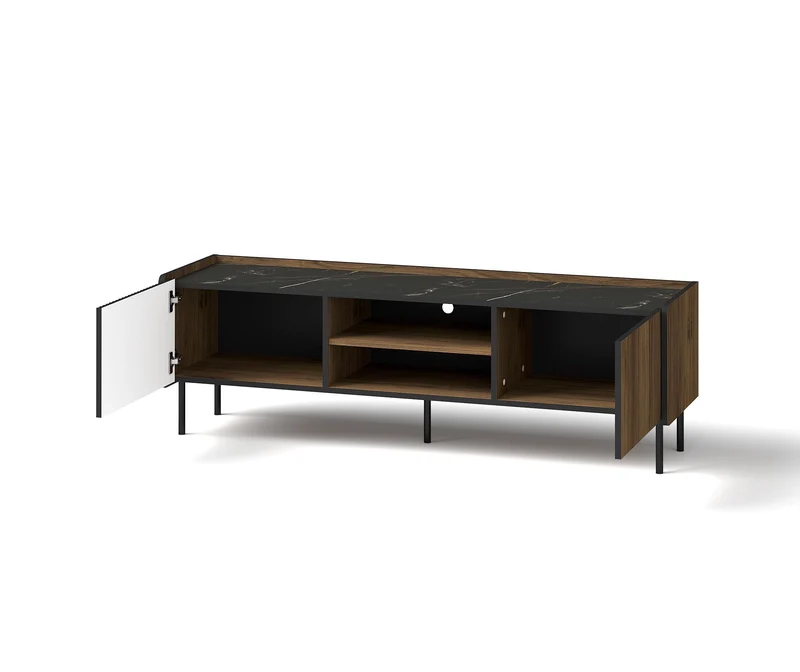 MINIO go for it - Meuble TV 150 cm, Table Television Salon, Meuble Télé, Banc TV Pereto 7, Meuble de Television avec Rangement, Meuble Tele- Noyer Warmia/San Sebastian/Noir Mat Couleur