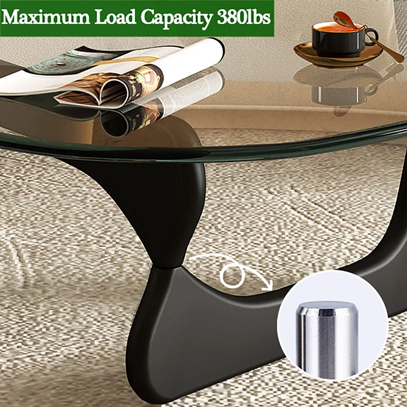 Table basse triangulaire moderne avec plateau en verre et base en bois – Petite table basse abstraite pour salon, bureau à domicile