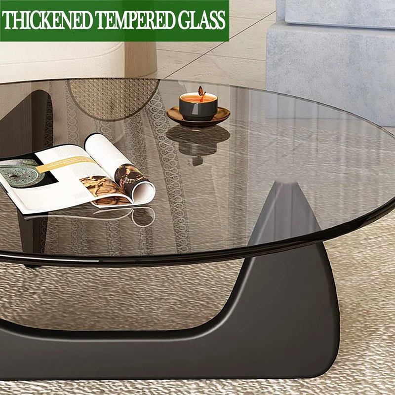 Table basse triangulaire moderne avec plateau en verre et base en bois – Petite table basse abstraite pour salon, bureau à domicile