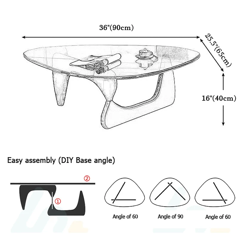 Table basse triangulaire moderne avec plateau en verre et base en bois – Petite table basse abstraite pour salon, bureau à domicile