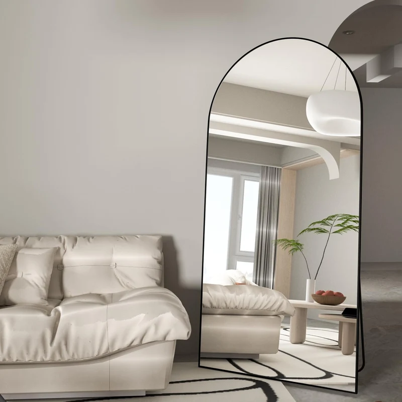 CASSILANDO Miroir Complet arqué, 180 x 80 cm, Miroir de Sol, autoportant, avec Support, pour Chambre à Coucher, Salon, Garde-Robe, Noir