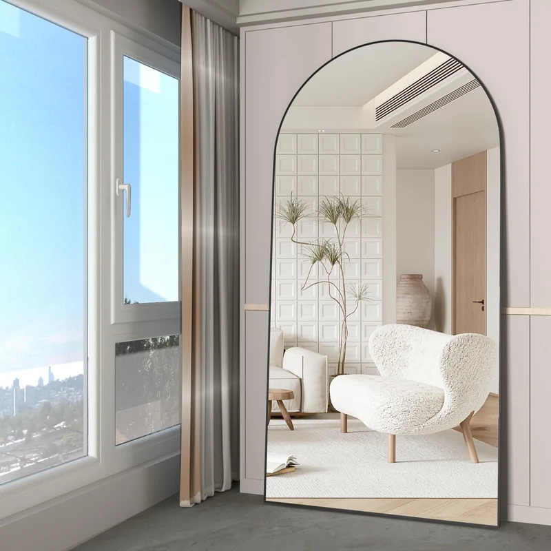 CASSILANDO Miroir Complet arqué, 180 x 80 cm, Miroir de Sol, autoportant, avec Support, pour Chambre à Coucher, Salon, Garde-Robe, Noir