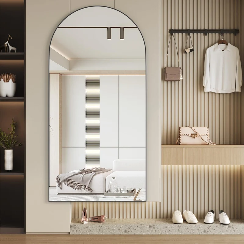 CASSILANDO Miroir Complet arqué, 180 x 80 cm, Miroir de Sol, autoportant, avec Support, pour Chambre à Coucher, Salon, Garde-Robe, Noir