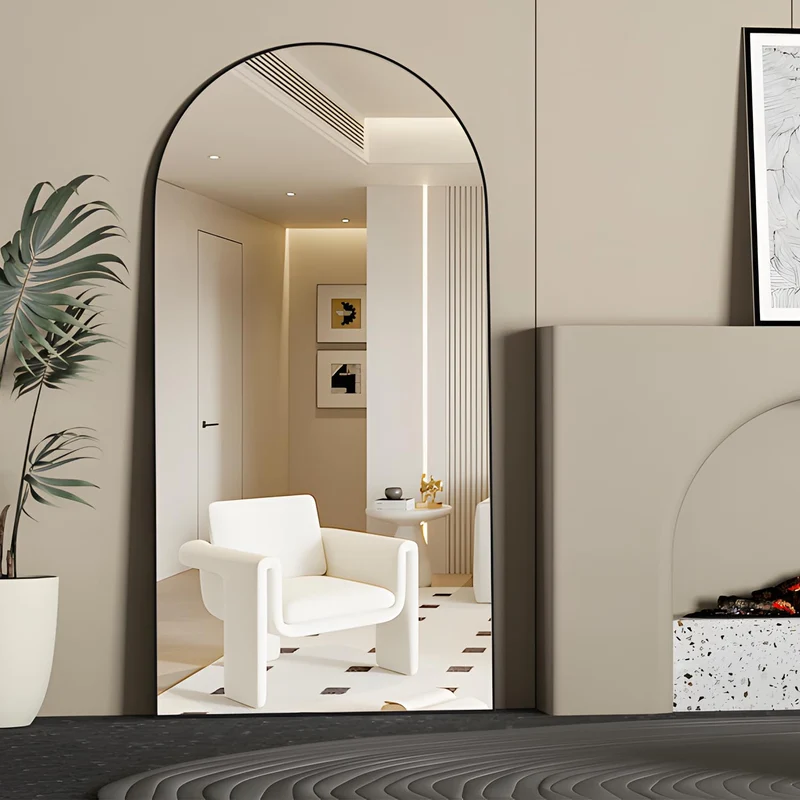 CASSILANDO Miroir Complet arqué, 180 x 80 cm, Miroir de Sol, autoportant, avec Support, pour Chambre à Coucher, Salon, Garde-Robe, Noir