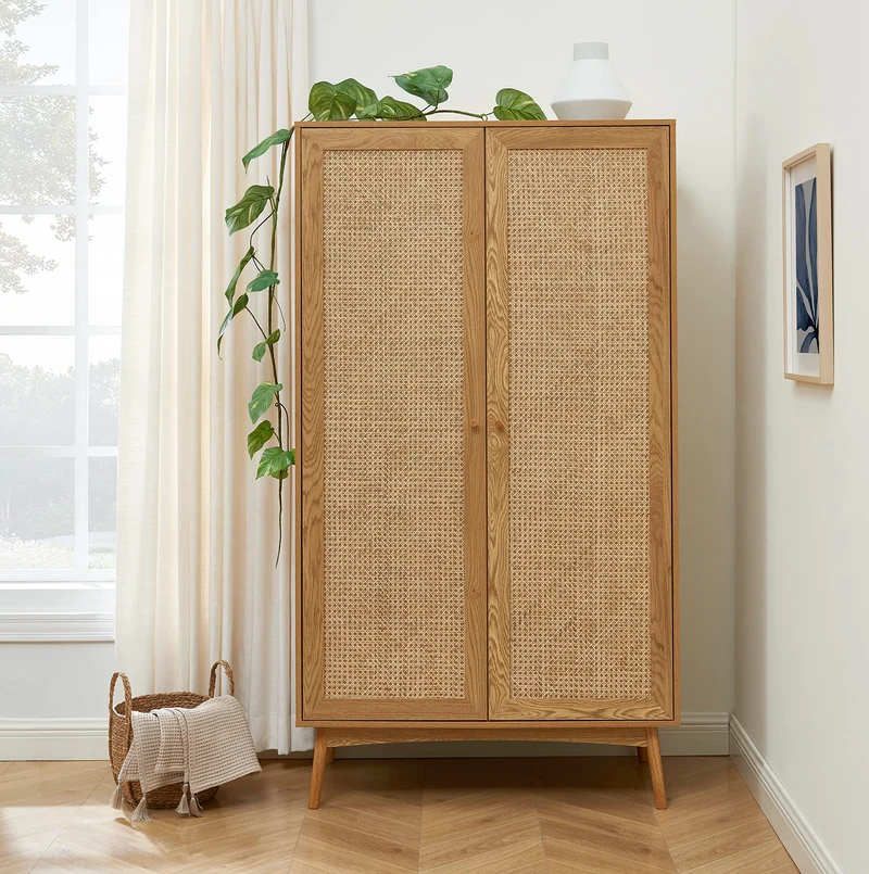 BAÏTA Armoire INES Effet chêne et cannage rotin 2 Portes