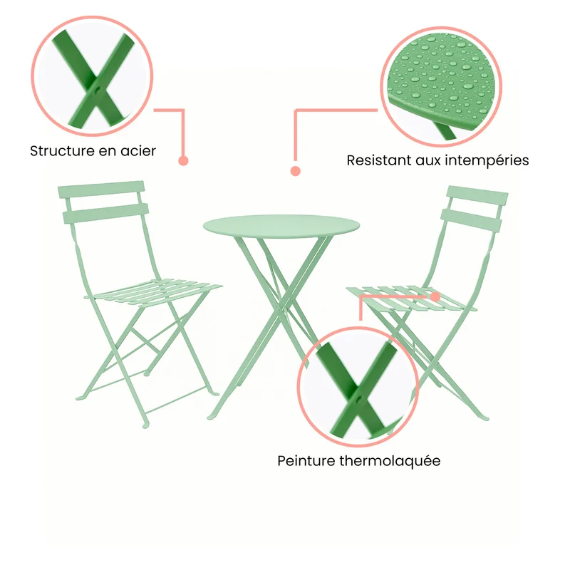 Avril Paris - Ensemble Table et Chaises Pliantes Bistrot Balcon Terrasse- 2 Places - Acier Vert - 2 Chaises et 1 Table Pliante - Flore