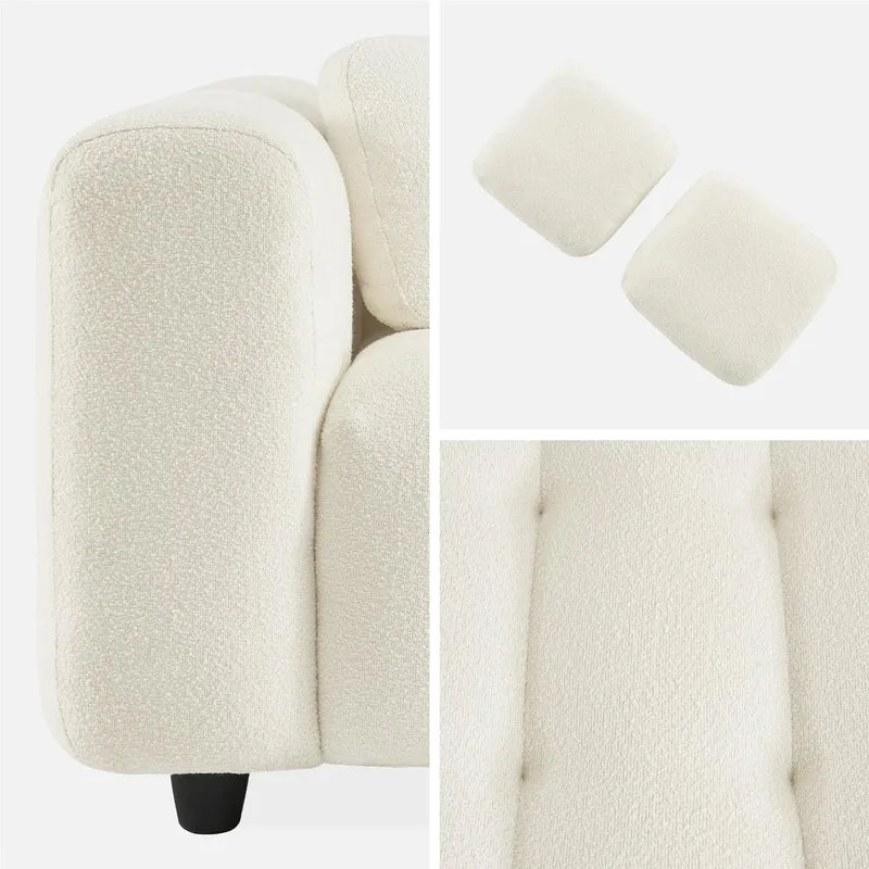 sweeek - Canapé 3 Places en Bouclette texturée capitonné Blanc crème - Structure Bois d'eucalyptus et contreplaqué