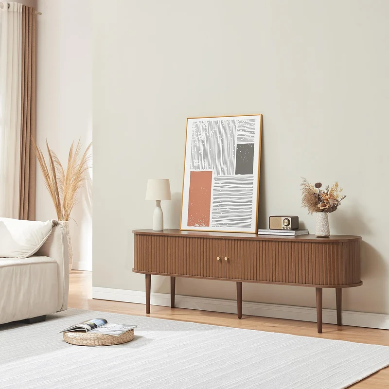 [en.casa] Meuble TV Support Télé avec 2 Étagères Réglables en Hauteur et 2 Portes 2 Coulissantes Stable Élégant Salon Chambre Moderne Panneau de Particules 166 x 40 x 55 cm Effet Noyer