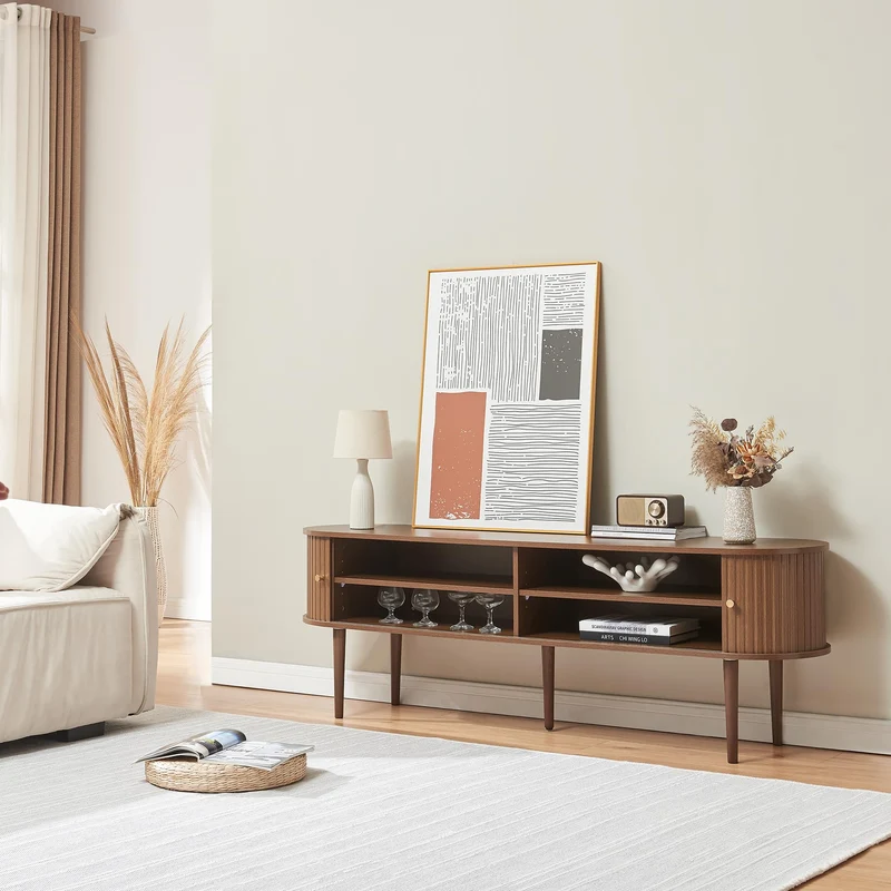 [en.casa] Meuble TV Support Télé avec 2 Étagères Réglables en Hauteur et 2 Portes 2 Coulissantes Stable Élégant Salon Chambre Moderne Panneau de Particules 166 x 40 x 55 cm Effet Noyer