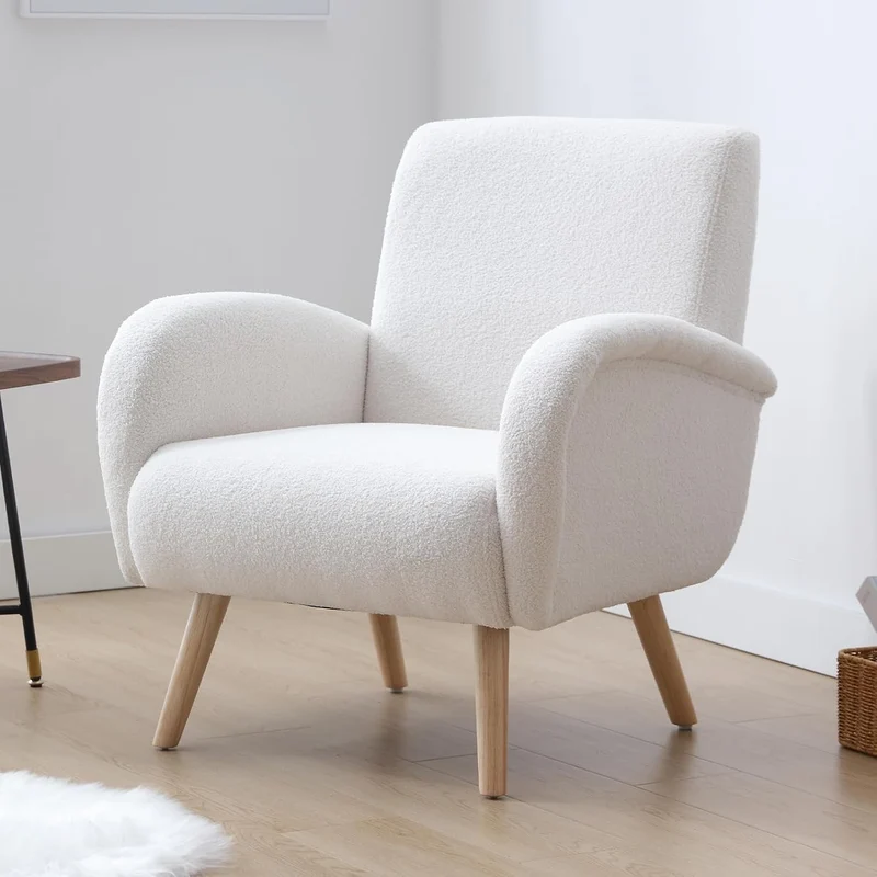 chairus Fauteuil de Loisirs en Fausse Fourrure Modern Chaise de Relaxation pour Salon Sofa de Chambre avec Pieds en Bois (Blanc)