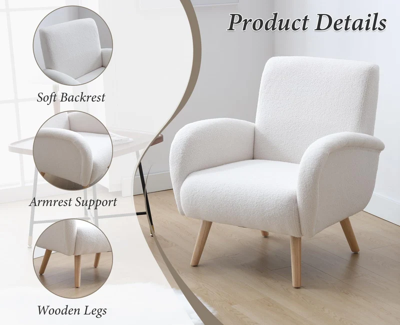 chairus Fauteuil de Loisirs en Fausse Fourrure Modern Chaise de Relaxation pour Salon Sofa de Chambre avec Pieds en Bois (Blanc)