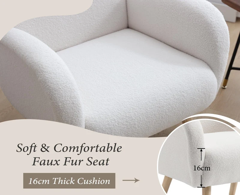 chairus Fauteuil de Loisirs en Fausse Fourrure Modern Chaise de Relaxation pour Salon Sofa de Chambre avec Pieds en Bois (Blanc)