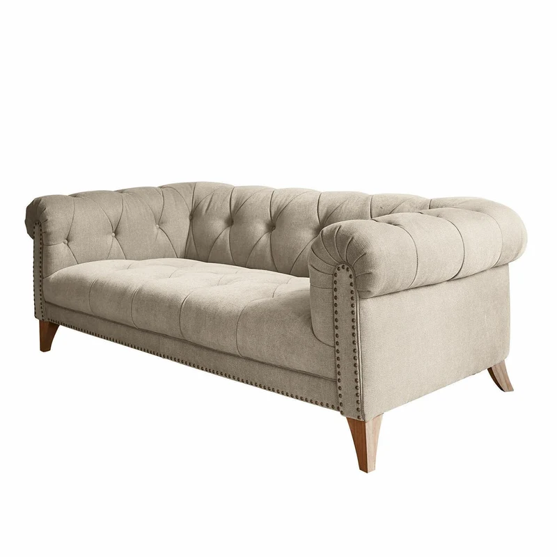 Loberon Canapé Sanbornville Chesterfield Classique Forme Traditionnelle Housse Robuste Rembourrage de Haute Qualité Assise Canapé Hévéa Polyester Taupe